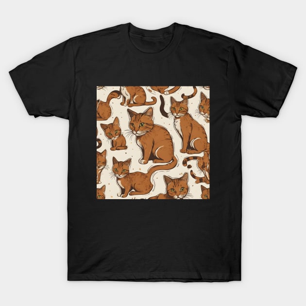 Brown Cat Pattern T-Shirt by vanityvibes